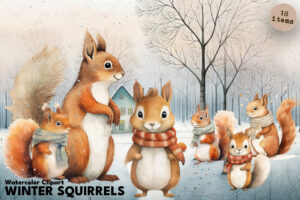 Winter Squirrel Whimsy | Watercolor Clipart