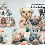 Cats And Dogs Inspired By Pebble Art | Watercolor Clipart