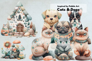 Cats And Dogs Inspired By Pebble Art | Watercolor Clipart